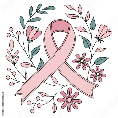 Breast Cancer Awareness Pink Ribbon with Flowers
