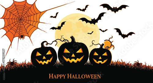 Spooky Halloween night with glowing jack-o'-lanterns, bats, spiders, and a full moon