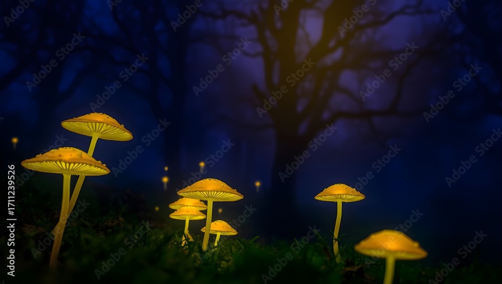 Fototapeta premium Glowing mushrooms illuminate a dark forest floor, their caps casting a soft, ethereal light against the backdrop of shadowy trees and a mysterious, enchanting atmosphere