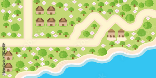 Charming cartoon village with houses trees flowers and winding paths near the ocean