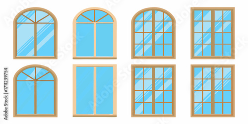 Collection of various wooden framed windows with blue glass panes on a white background