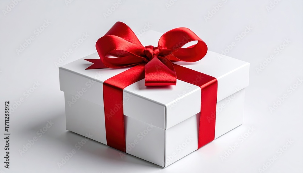 Obraz premium Pristine white gift box tied with a vibrant red satin bow, casting soft shadows against a seamless background, evokes celebration