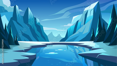In the midst of the valley a frozen pond sparkles in the sunlight reflecting the towering snowcovered cliffs that surround it.