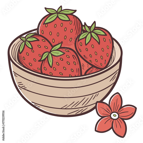 Ripe strawberries fill the bowl near a peach blossom on a white backdrop