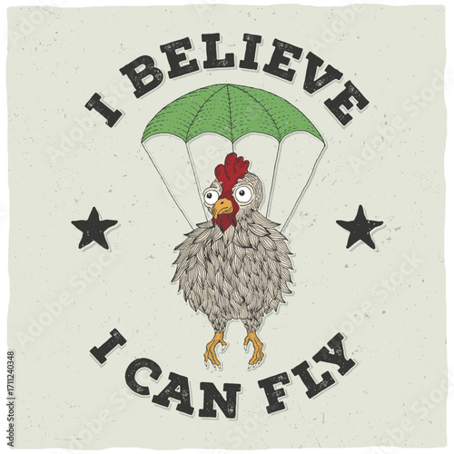 Fluffy Hen Skydiving with Green Parachute Whimsical Illustration.