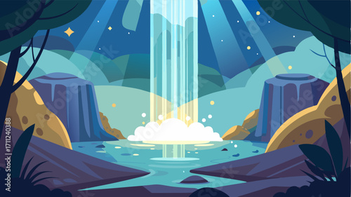 As the sunlight filters through the thick canopy overhead the waterfall glistens and sparkles its waters dancing and twisting in the everchanging light.