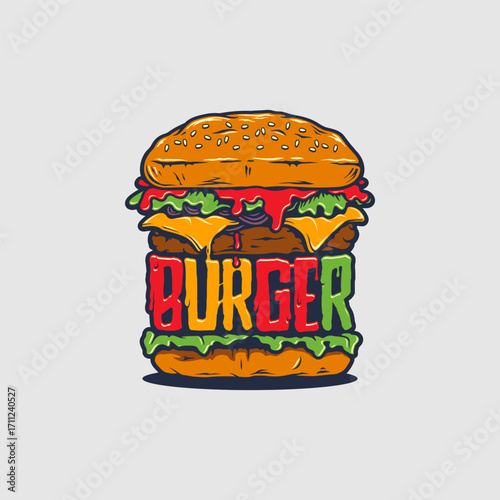 Cartoon Burger Illustration with Colorful Lettering and Classic Toppings.
