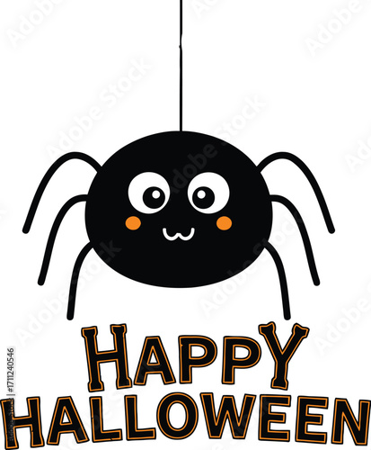 Adorable cartoon spider hangs celebrating Happy Halloween with cute bone accents and festive orange background