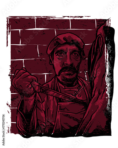 Illustrated Butcher with Knife and Meat Burgundy Tones Detailed Texture.