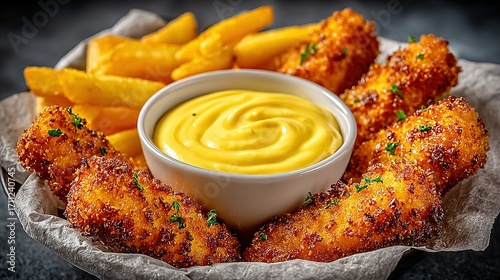 Fried chicken tenders and fries with dipping sauce in a bowl.