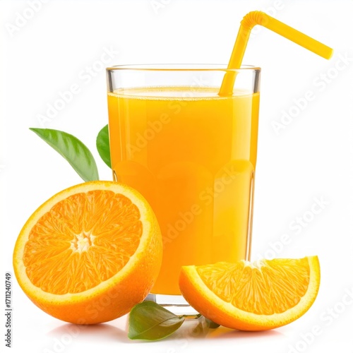 Bright orange juice in a clear glass with a straw, beside a halved orange and a slice, complemented by lush green leaves on a white background