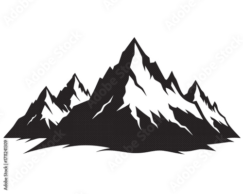 Black and white mountain range illustration, showcasing jagged peaks and snowy slopes in a minimalist design