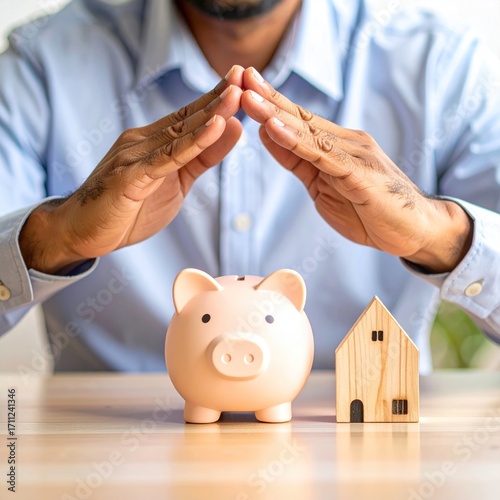 Man protectively shields a pink piggy bank and a wooden toy house on a wooden surface with both hands, symbolizing financial security