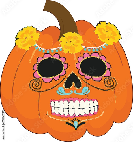 Vibrant Dia de Muertos pumpkin sugar skull design with marigold flowers and ornate details