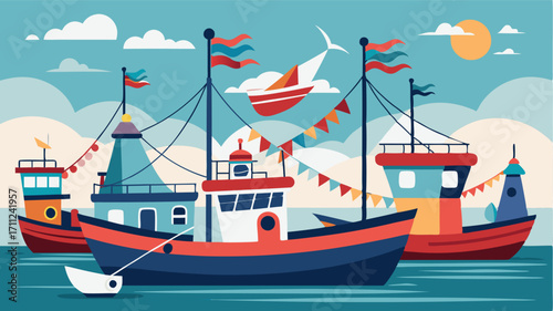 Fishing boats sway gently in the harbor their colorful nets and flags dancing in the salty breeze.
