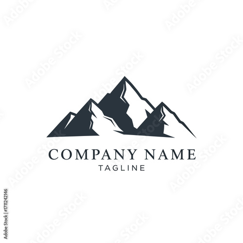 Simple mountain range logo design with brand name and tagline.