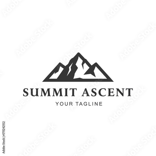Simple mountain range logo design with brand name and tagline.