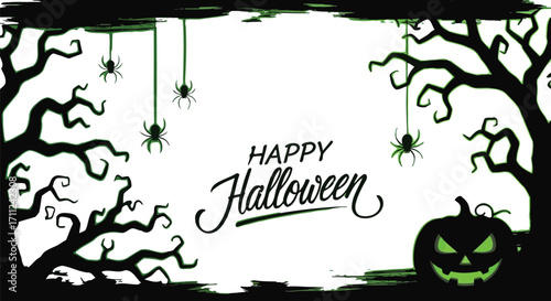 Spooky Halloween night with creepy trees, hanging spiders, and a wicked jack-o'-lantern glowing