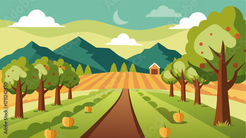 A tranquil escape to a rural orchard where rows of pear trees stand tall against a backdrop of rolling farmland.