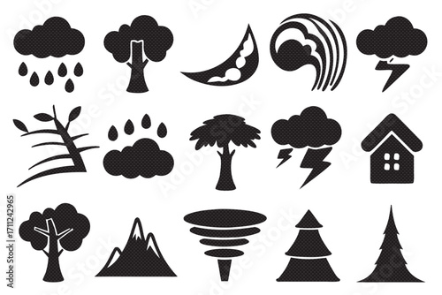 Collection of black and white weather icons featuring rain, wind, trees, mountains, and natural disasters