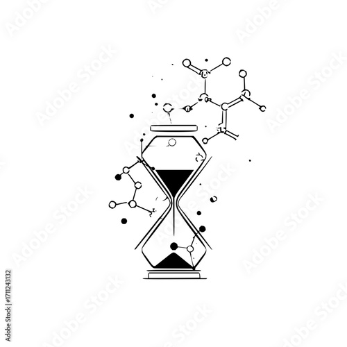 Illustration of an hourglass with black sand and molecular structures on a white background design art