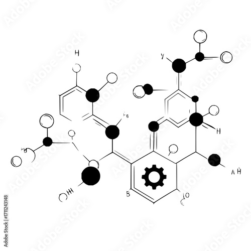 Illustration of a complex chemical structure with a gear symbol integrated into the design elements
