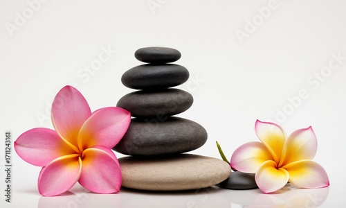 Serene stacked stones and vibrant plumeria flowers create a tranquil spa and wellness atmosphere