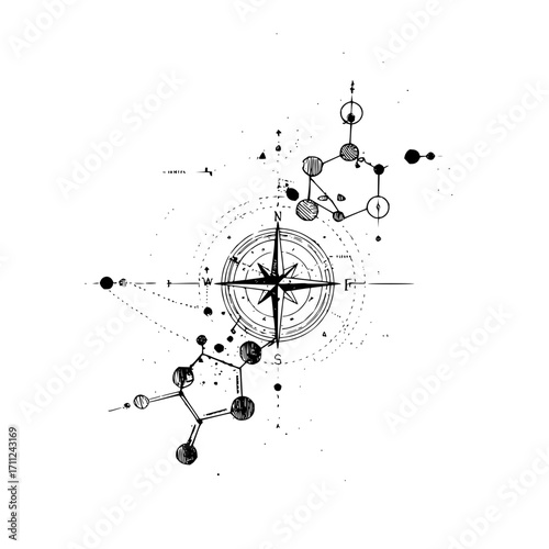 Compass rose and molecular structures sketch with dotted lines on a white background illustration art