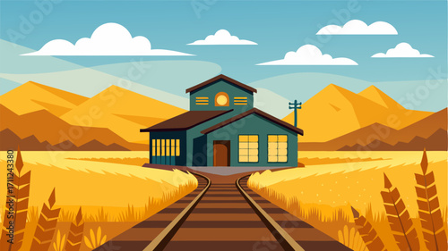 A rustic train station in the middle of a prairie surrounded by fields of golden wheat.