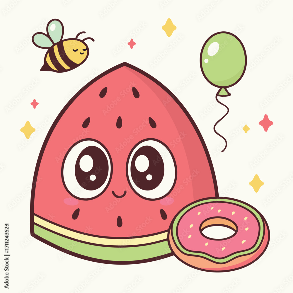 Obraz premium Cute cartoon watermelon slice smiles besides the doughnut with a honeybee and balloon