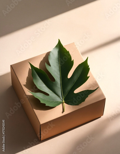 Green Maple Leaf on Kraft Paper Box in Sunlight