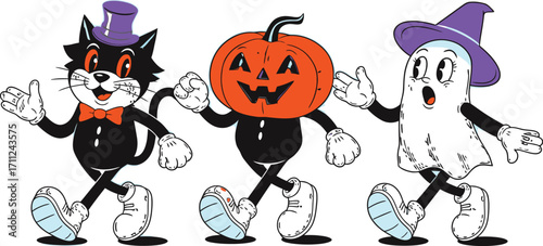 Retro Halloween characters dancing joyfully creating festive holiday vibes