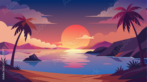 A tranquil oasis at sunset with the sea glistening under the last rays of sunlight creating a peaceful atmosphere perfect for relaxation and reflection.