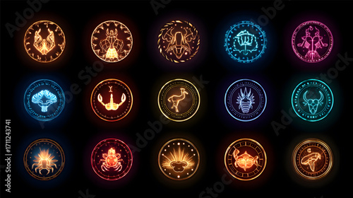 Collection of Glowing Zodiac Sign Icons on Black Background.