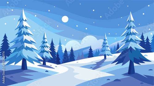 A serene winter scene of a snowy pine forest with the trees bending under the weight of the freshly fallen snow.