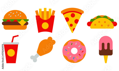 Colorful cartoon fast food icons for restaurants, menus, and food-related designs with cheerful appeal