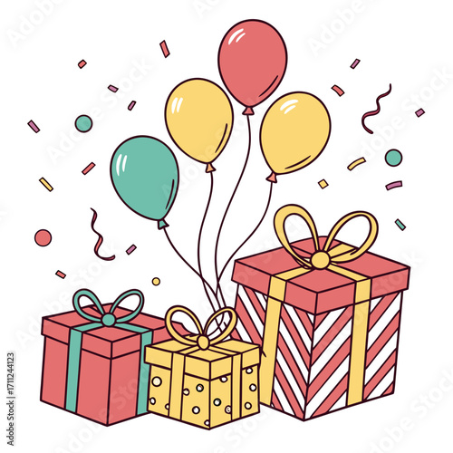 gift boxes with balloons and ribbons