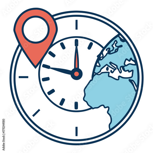Red location pin sits above clock face showing planet Earth backdrop