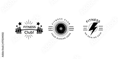 Monochrome gym badges and bodybuilding stencil labels with muscular athlete silhouettes, iron-themed fitness stamps, and retro logotypes for strength, workout, and gym identity