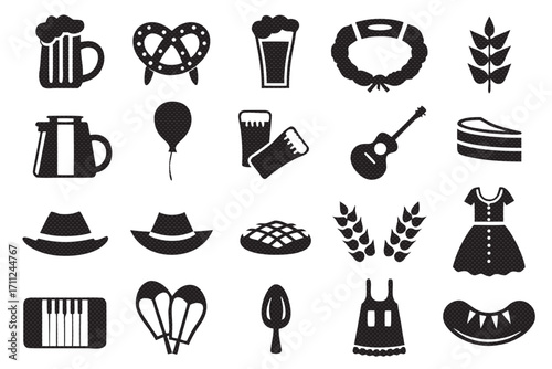 Oktoberfest icons, featuring beer, pretzel, hat, accordion, sausage, and traditional german symbols in black silhouette