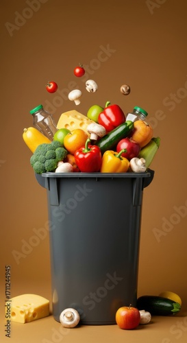 A yellow trash bin overflows with fresh produce like apples, peppers, and tomatoes. A block of cheese is also visible, emphasizing the theme of food waste.