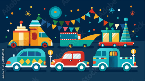 Elaborately decorated cars and trucks covered in sparkling lights and streamers join the parade in a dazzling display of celebration.
