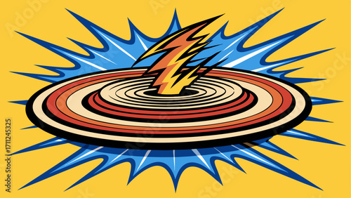 Dynamic pop art illustration of a lightning bolt striking a ripple effect, conveying electric energy, impact, shockwave, power, and speed with a retro comic book aesthetic.