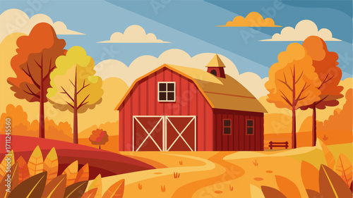 A rustic barn surrounded by fields of tall grass and trees ablaze with the warm colors of autumn a picturesque scene of rural life.