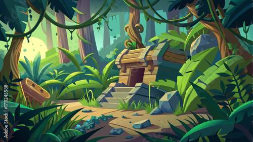 Vibrant cartoon jungle scene: a mysterious, hidden stone ruin entrance and treasure chest surrounded by lush, overgrown green vines and tropical foliage, perfect for games and adventure themes.