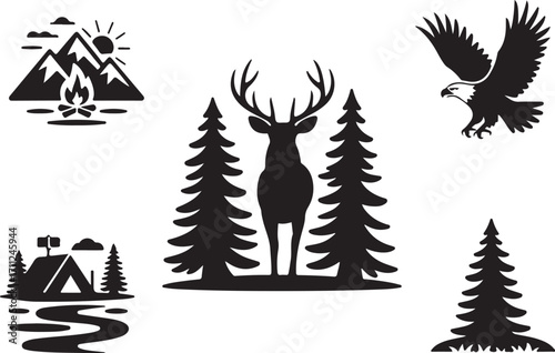 Majestic deer, eagle soar over forest mountains