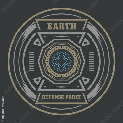 Earth Defense Force Emblem with Atom Symbol and Geometric Design.