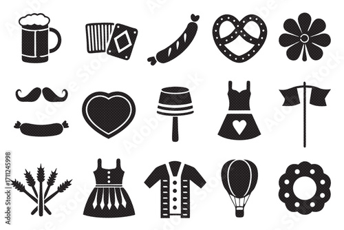 Oktoberfest icons set beer, pretzel, sausage, accordion, dirndl, hat, edelweiss, wheat, heart, and other traditional elements