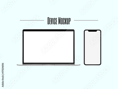 Realistic mockup set of electronic devices including desktop monitor, modern laptop and smartphone. Editable vector template for responsive tech UI presentations