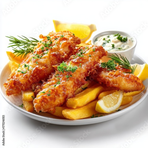 Crispy Golden Fish Fingers with French Fries and Lemon Garnish